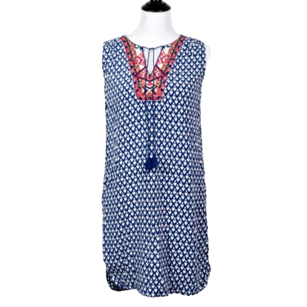 BeachLunchLounge Size M Kayla Shift Dress Boho Patterned Blue White - Picture 2 of 10